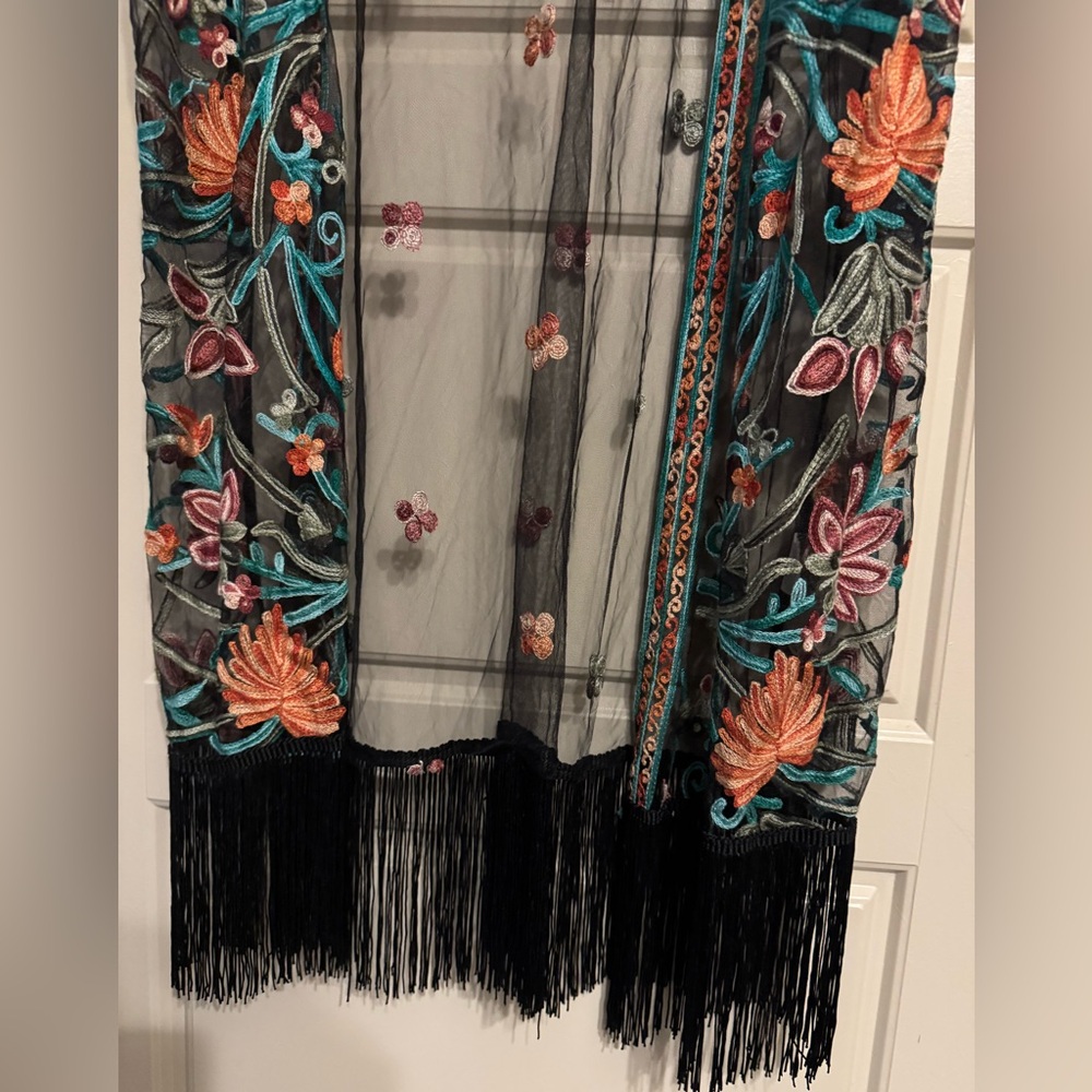 Rebellion Black Mesh Kimono with Floral Embroidery size small - Picture 5 of 6